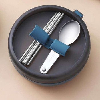 Круглый герметичный ланч бокс со столовыми приборами Bowl, 500 мл - голубой