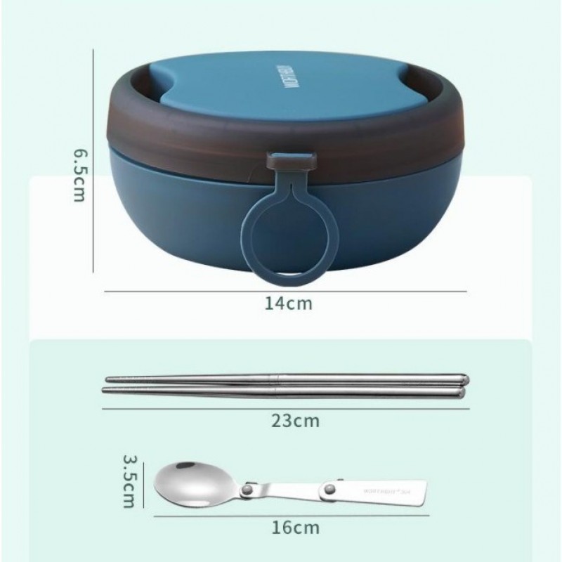 Круглый герметичный ланч бокс со столовыми приборами Bowl, 500 мл - синий