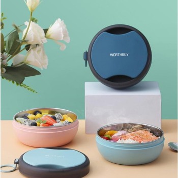 Круглый герметичный ланч бокс со столовыми приборами Bowl, 500 мл - голубой