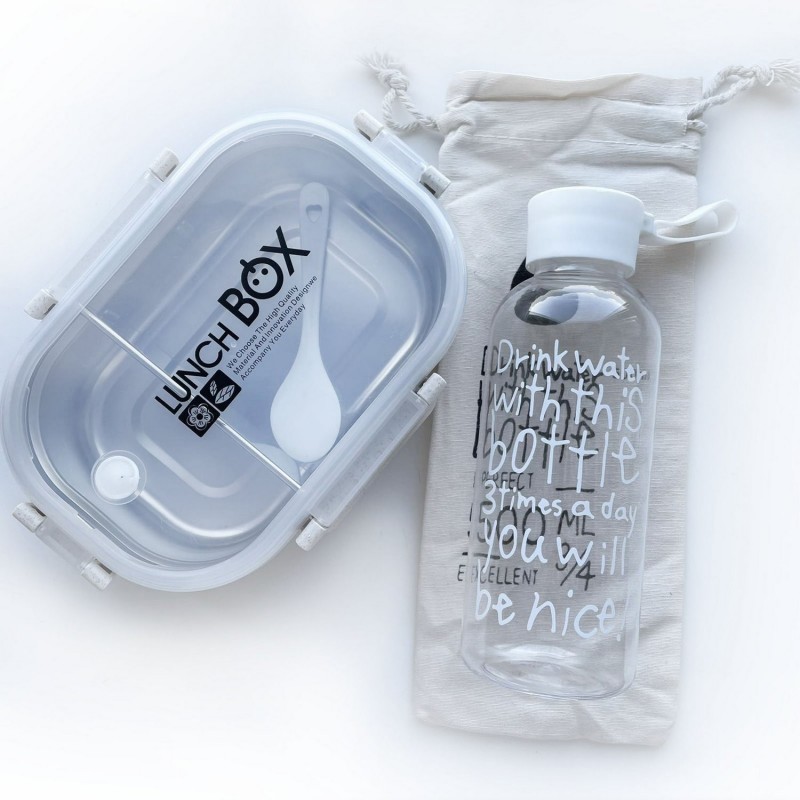 Комплект термо ланч бокс Eco-Metal и бутылка для воды Nice с чехлом, бежевый