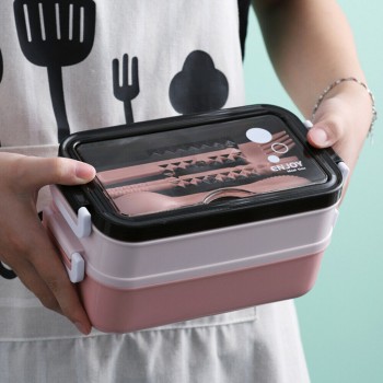 Ланч бокс с металлическим ярусом, супницей, приборами Enjoy 1050 мл, розовый