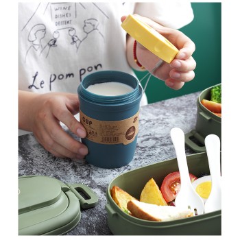 Комплект ланч бэг, бутылочка 300 мл, ланч бокс на 2 яруса с приборами Food 1.55л зеленый