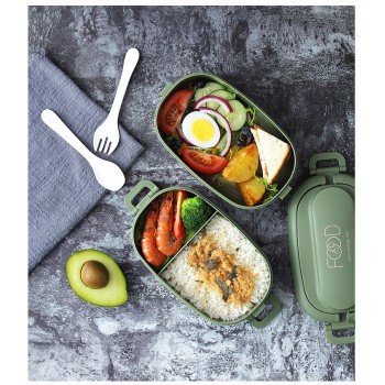 Пластиковий ланч бокс на 2 яруси з приладами Food 1550 мл зелений
