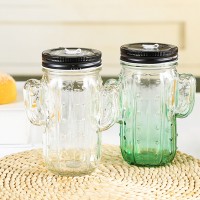 Кружка банка Кактус Mason Jar, 350 мл, прозора, 2 кришки