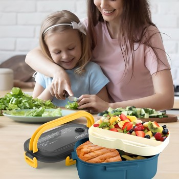 Пластиковий двошаровий ланч бокс з приладами Wonder 1200 мл, синій