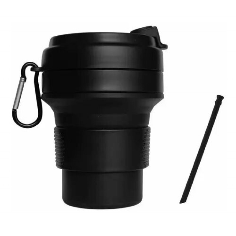 Складная кружка 350 мл, eco cup с карабином и трубочкой, черная