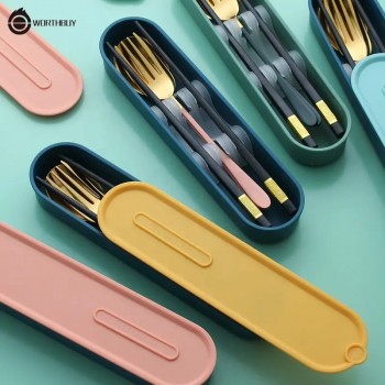 Набір столових приборів у футлярі 3 предмети Portable, Золотий з блакитним