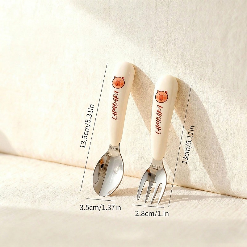 Детский набор столовых приборов в футляре Капибара, ложка и вилка из нержавеющей стали, с 12 месяцев, бежевый