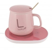 Керамическая чашка Lucky 350 мл с подогревом от USB, с крышкой и ложкой в подарочной коробке, розовая