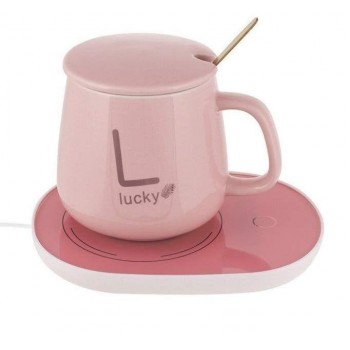 Керамическая чашка Lucky 350 мл с подогревом от USB, с крышкой и ложкой в подарочной коробке, розовая
