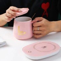 Керамическая чашка Lucky 350 мл с подогревом от USB, с крышкой и ложкой в подарочной коробке, розовая