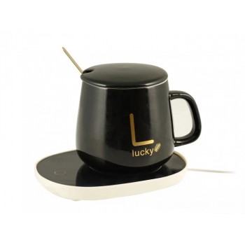 Керамическая чашка Lucky 350 мл с подогревом от USB, с крышкой и ложкой в подарочной коробке, черная