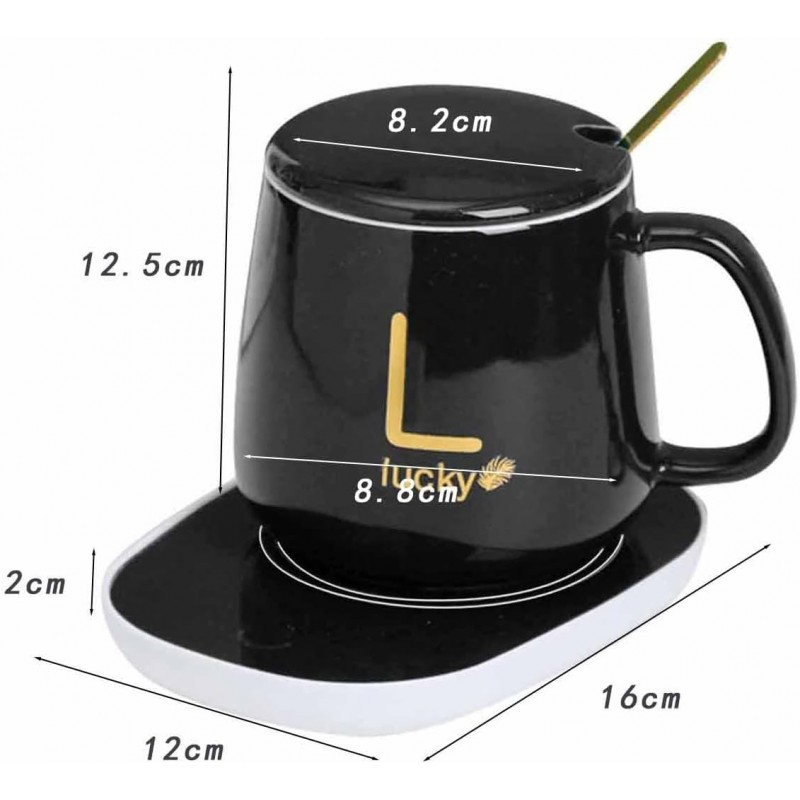 Керамическая чашка Lucky 350 мл с подогревом от USB, с крышкой и ложкой в подарочной коробке, черная