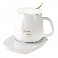 Керамическая чашка Lucky 350 мл с подогревом от USB, с крышкой и ложкой в подарочной коробке, белая