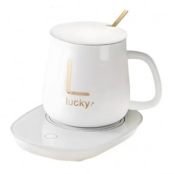 Керамическая чашка Lucky 350 мл с подогревом от USB, с крышкой и ложкой в подарочной коробке, белая