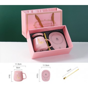 Керамическая чашка Lucky 350 мл с подогревом от USB, с крышкой и ложкой в подарочной коробке, черная