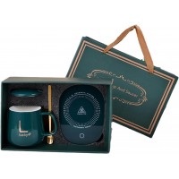 Керамическая чашка Lucky 350 мл с подогревом от USB, с крышкой и ложкой в подарочной коробке, зеленая