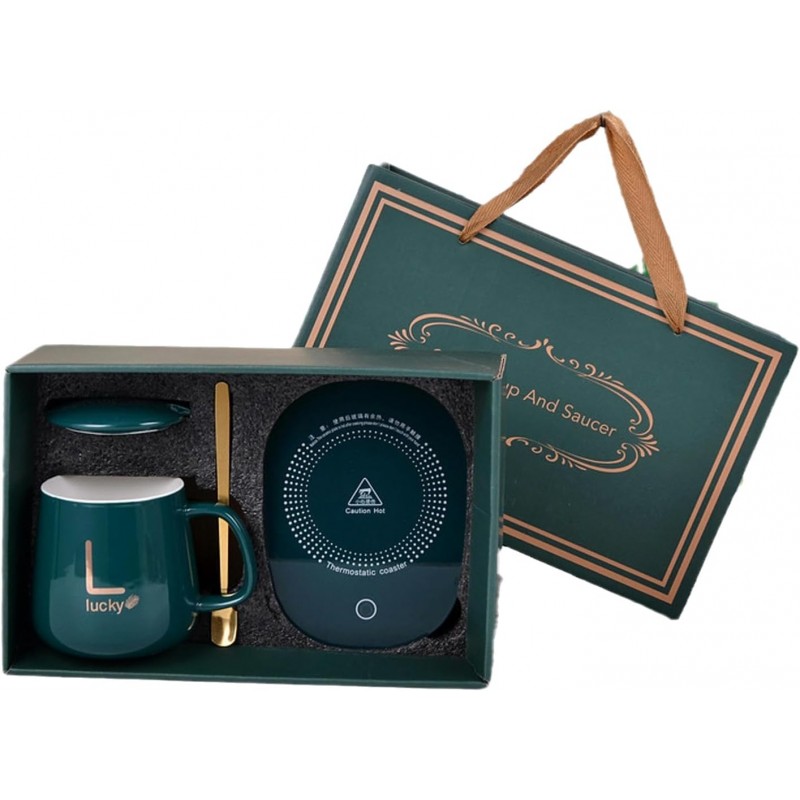 Керамическая чашка Lucky 350 мл с подогревом от USB, с крышкой и ложкой в подарочной коробке, зеленая