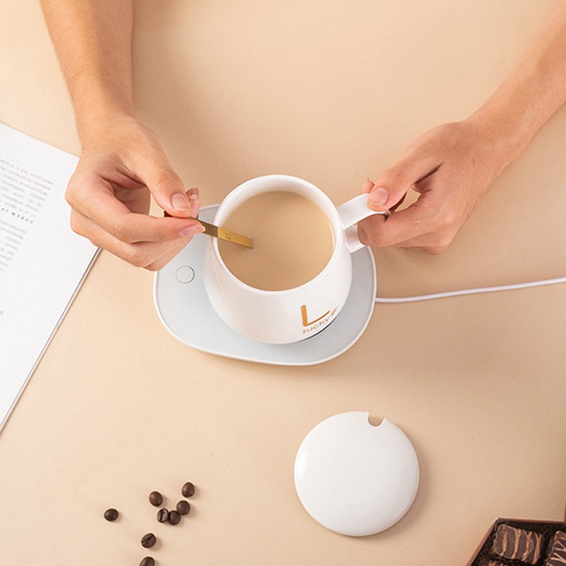 Керамическая чашка Lucky 350 мл с подогревом от USB, с крышкой и ложкой в подарочной коробке, белая