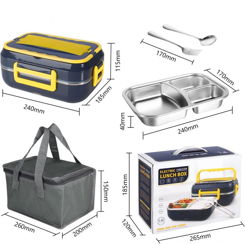 Ланч-бокс с подогревом Volt 12В/24В/220В + термосумка и приборы, судочек для обеда в авто и офис 1.5л, синий