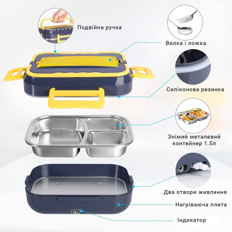 Ланч-бокс с подогревом Volt 12В/24В/220В + термосумка и приборы, судочек для обеда в авто и офис 1.5л, синий