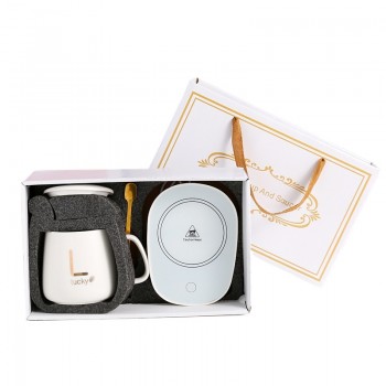 Керамическая чашка Lucky 350 мл с подогревом от USB, с крышкой и ложкой в подарочной коробке, белая