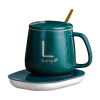 Керамическая чашка Lucky 350 мл с подогревом от USB, с крышкой и ложкой в подарочной коробке, зеленая