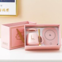 Керамическая чашка Lucky 350 мл с подогревом от USB, с крышкой и ложкой в подарочной коробке, розовая
