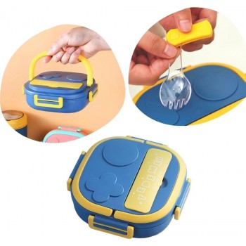 Дитячий ланч-бокс на 2 секції TeDeMei Play 550 мл зі сталевою чашею та приборами, синій