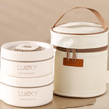 Термо-ланчбокс Lucky на 2 уровня в термочехле с ложкой и палочками 1040 мл, бежевый