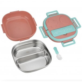 Дитячий ланч-бокс на 2 секції TeDeMei Play 550 мл зі сталевою чашею та приборами, рожевий