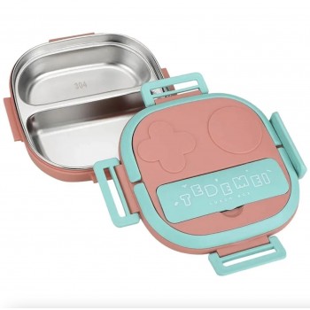 Дитячий ланч-бокс на 2 секції TeDeMei Play 550 мл зі сталевою чашею та приборами, рожевий