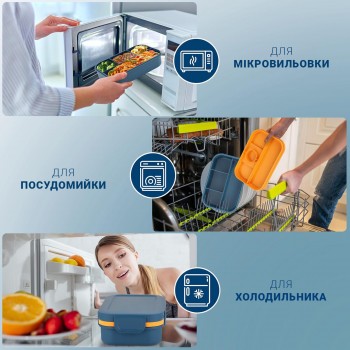 Великий ланч-бокс Bento Max 2000 мл: 2 яруси, 8 відсіків та столові прибори, синій