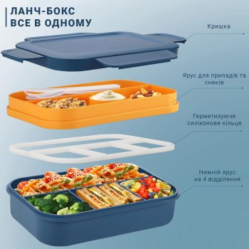 Великий ланч-бокс Bento Max 2000 мл: 2 яруси, 8 відсіків та столові прибори, синій