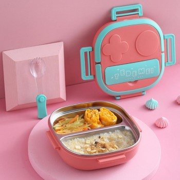 Дитячий ланч-бокс на 2 секції TeDeMei Play 550 мл зі сталевою чашею та приборами, рожевий