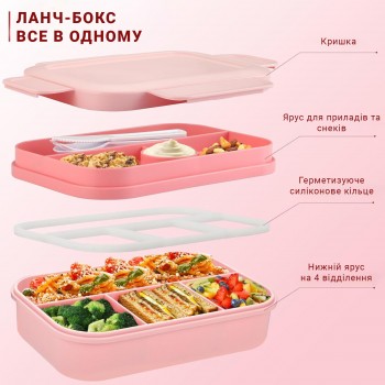 Великий ланч-бокс Bento Max 2000 мл: 2 яруси, 8 відсіків та столові прибори, рожевий