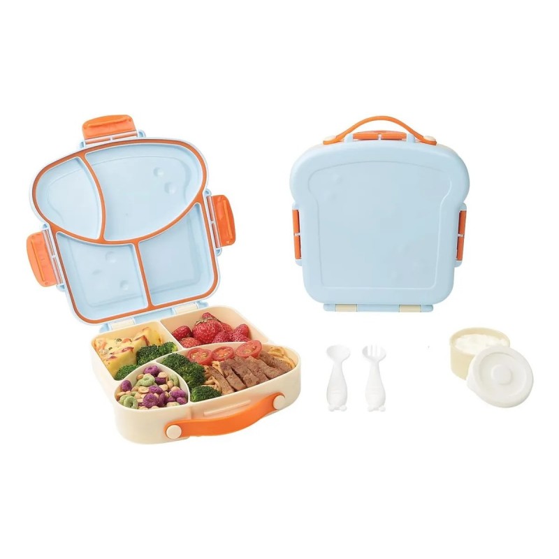 Детский милый ланч-бокс Toast 880 мл на 4 герметичных отсека, соусница и приборы, голубой