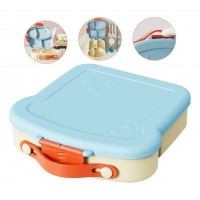 Детский милый ланч-бокс Toast 880 мл на 4 герметичных отсека, соусница и приборы, голубой