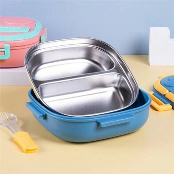 Дитячий ланч-бокс на 2 секції TeDeMei Play 550 мл зі сталевою чашею та приборами, синій