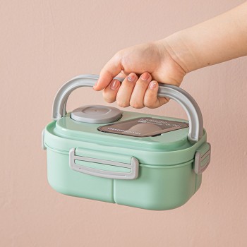 Дворівневий ланч-бокс Chao 1200 мл, герметичний контейнер для їжі з соусником та приборами, м'ятний