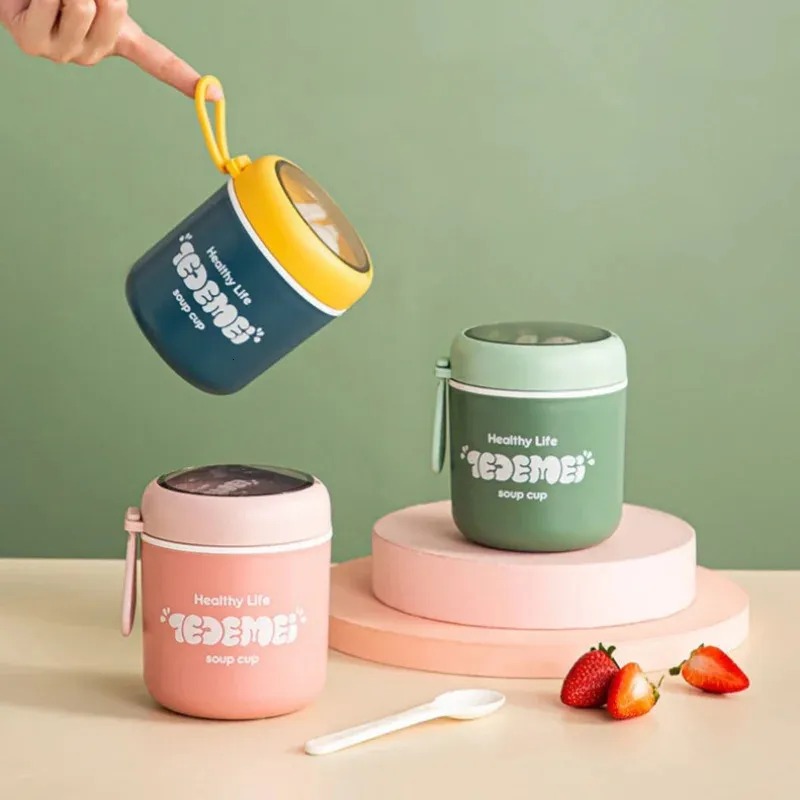 Круглый пластиковый ланч-бокс TeDeMei 510 мл, герметичная супница с ложкой, синяя