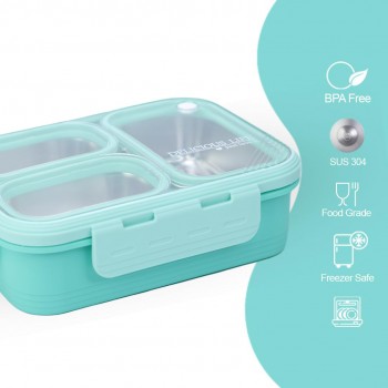 Термо ланч-бокс на три герметичные секции с металлической основой Just-S 600мл, бирюзовый
