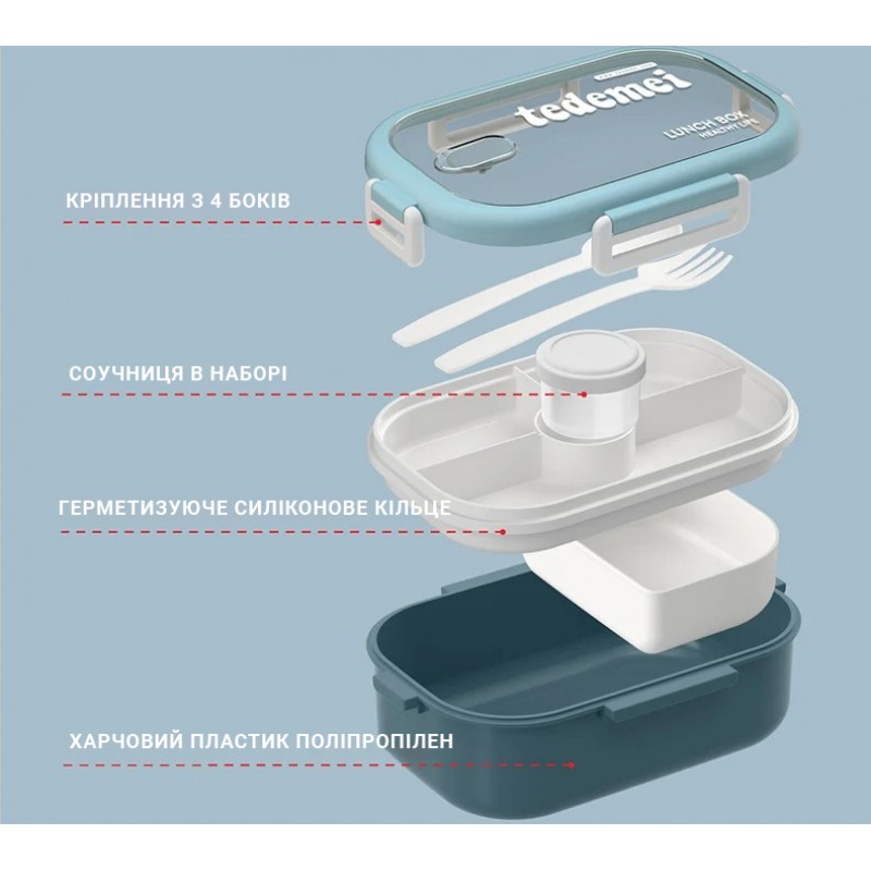 Ланч набір для дітей в школу - термосумка і ланчбокс 1100мл з приборами Tedemei, синій