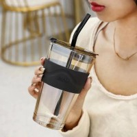Стеклянный стакан с крышкой и трубочкой для смузи, коктейлей, айс кофе - Aurora 450 мл