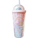 Пластиковый 2-слойный стакан для девочки с трубочкой на 550 мл Радуга, розовый