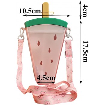 Пластиковая бутылка для воды Милый Арбуз, с трубочкой и ремешком, 320 мл