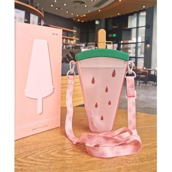 Пластиковая бутылка для воды Милый Арбуз, с трубочкой и ремешком, 320 мл