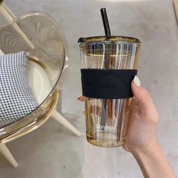 Стеклянный стакан с крышкой и трубочкой для смузи, коктейлей, айс кофе - Aurora 450 мл