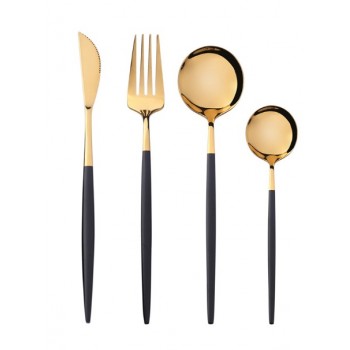 Набір столових приборів 24 шт. Flat, 6 комплектів: 2 ложки, виделка, ніж, чорно-золотий