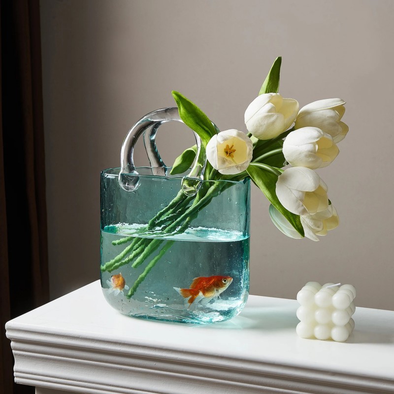 Стеклянная ваза для цветов в форме Сумки 20x11x26 см Bubble Bag, Голубая